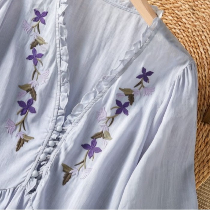 Элегантная фиолетовая хлопково – обзор и цена Embroidery Cotton Shirt